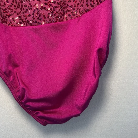 Kids One-Shoulder Dance Leotard Sequins Ruffled Neckline Pink Size Small Child - Picture 6 of 13